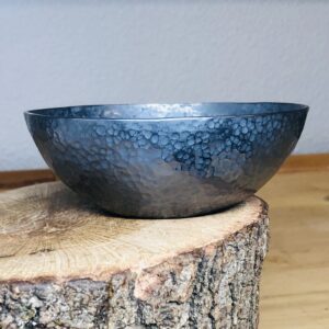 a blue metal bowl