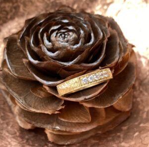 a gold ring on a brown flower